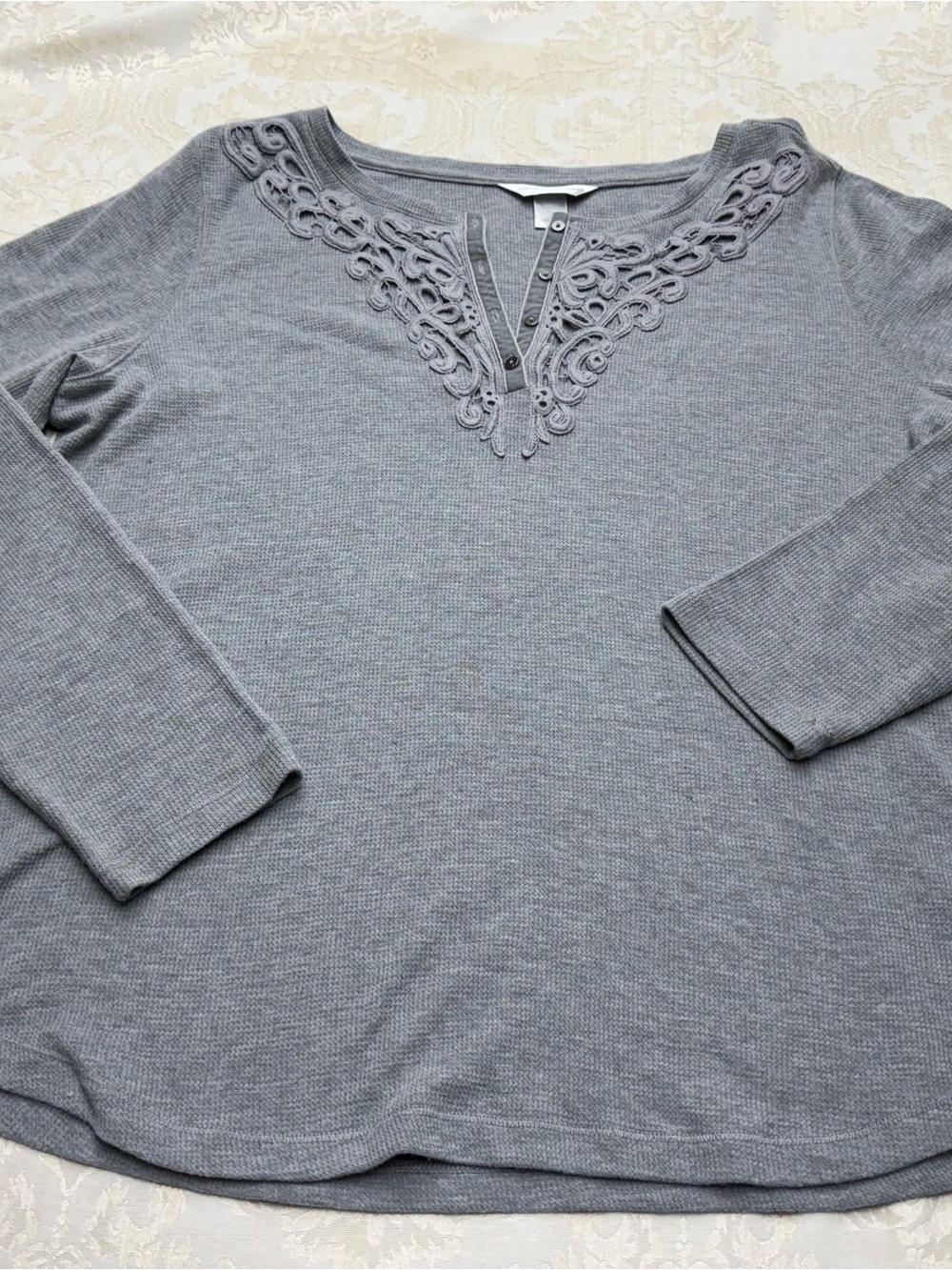 Christopher & Banks Gray Long Sleeve Knit Top with Embroidered Yoke